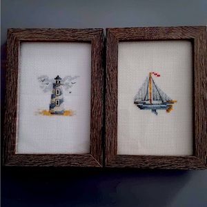 Nautical Two Cross Stitch Pictures Sailboat Lighthouse Blue Hue Gray Wood Frame